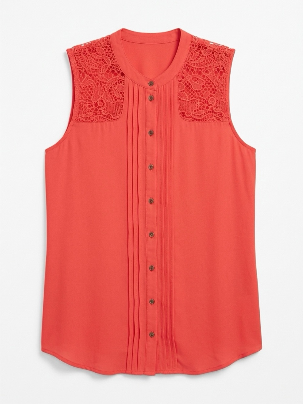 Sleeveless Coral Button-Front Blouse with Lace Yoke